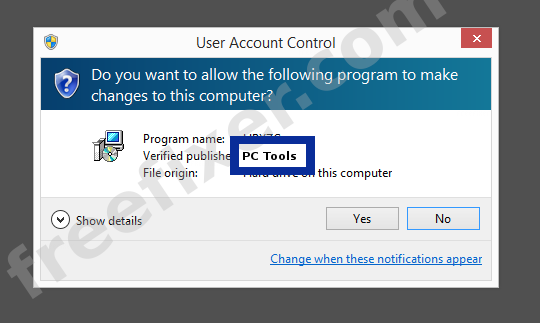 Screenshot where PC Tools appears as the verified publisher in the UAC dialog